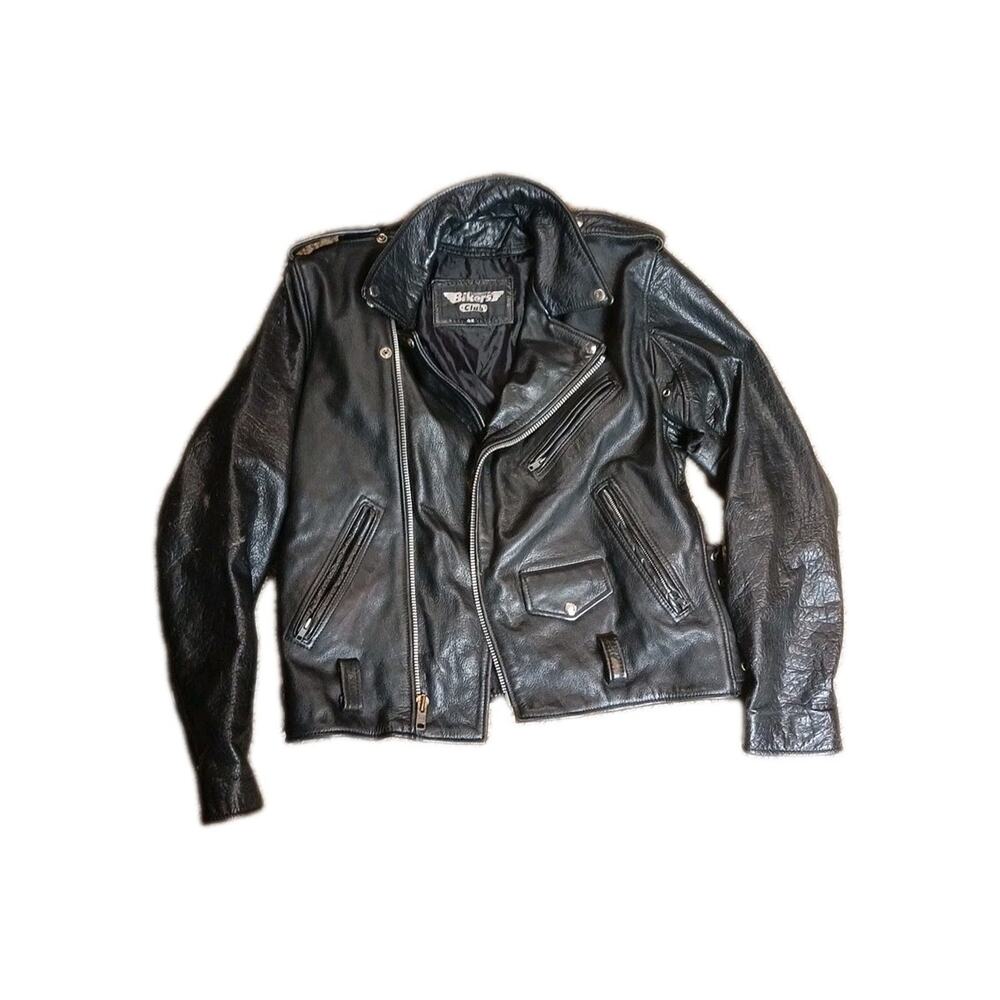 Vintage BIKER'S CLUB Leather Motorcycle Jacket 80's Biker Moto Black Unisex 42